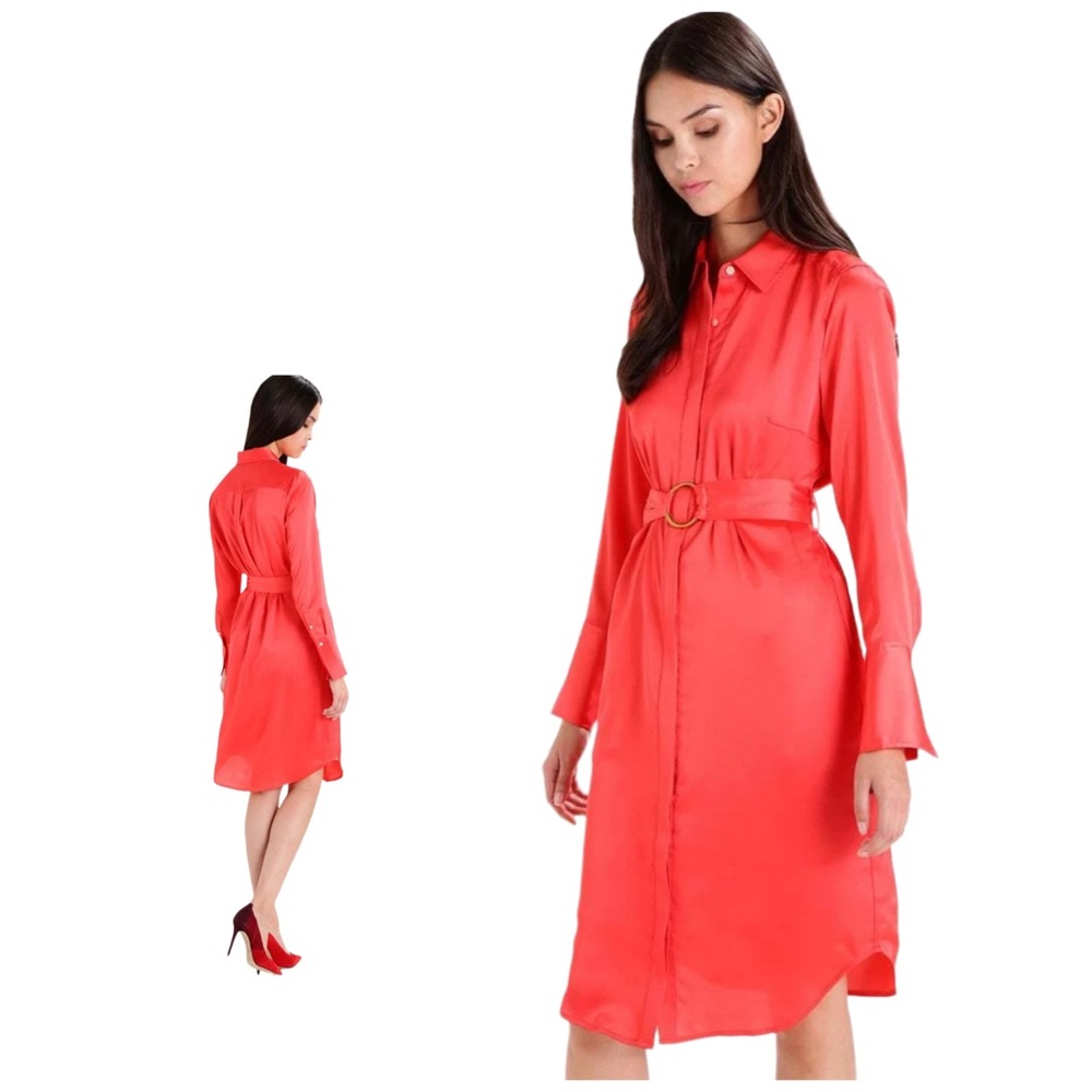 Banana Republic Tie-Waist Shirtdress Bright Coral Size Medium Long Sleeve Belted